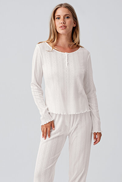 Artış Uzun Kollu Ajurlu Düğmeli Esnek Pamuklu Pijama Takım