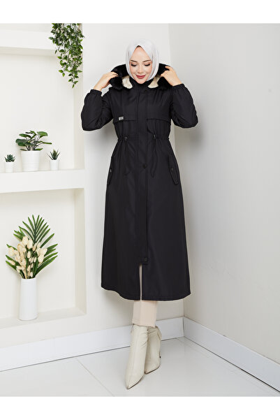 RACE FASHİON Bondit Coat with Hood, Elastic Waist and Fur Lining for Modest Wear Rc1205002