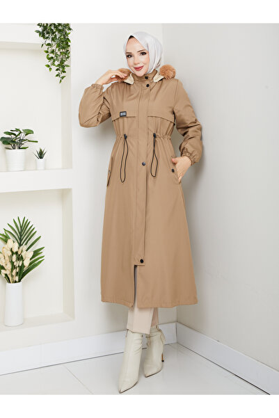 RACE FASHİON Tesettürlü Belden Lastikli İçi Kürklü Kapşonlu Bondit Mont RC120...