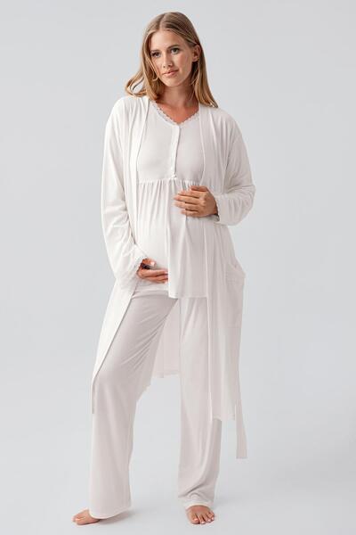 Artış Long Sleeve Buttoned Stretchy Viscose Maternity Dressing Gown Pajamas Set