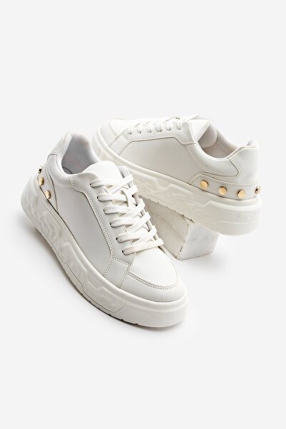 Marjin Kadın Sneaker Altın Zımbalı Kalın Desenli Taban Spor Ayakkabı Sirya Beyaz