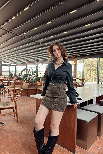 lizge giyim LEOPAR DESEN GABARDİN KISA ETEK