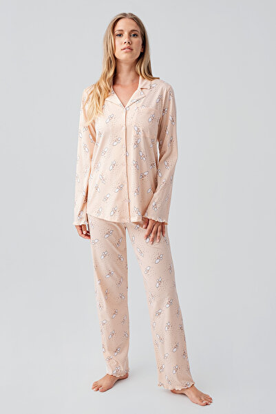 Artış Long Sleeve Patterned Buttoned Flexible Cotton Maternity Pajama Set