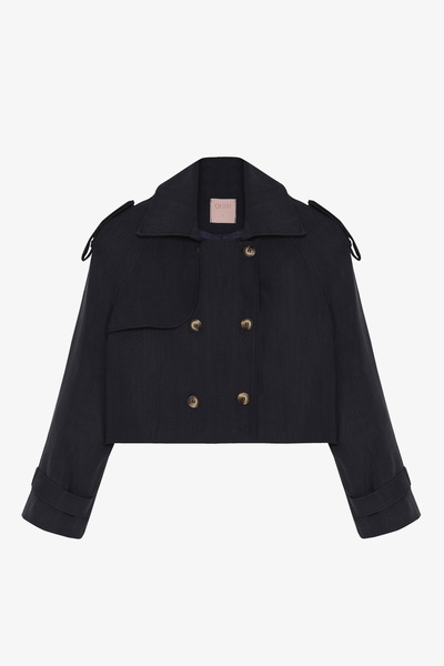 Quzu Double Buttoned Double Breasted Collar Short Trench Coat Navy Blue