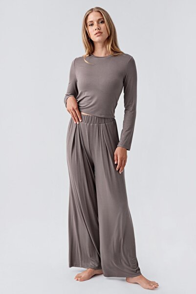 Artış Long Sleeve Crop Wide Leg Flexible Viscose Pajama Set