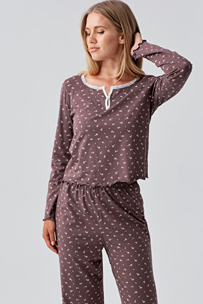 Artış Uzun Kollu Desenli Düğmeli Esnek Pamuklu Pijama Takım