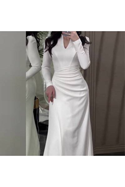 Mainland China Elegant White Evening Dress with Long Sleeves