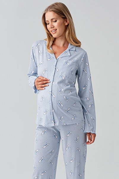 Artış Long Sleeve Patterned Buttoned Flexible Cotton Maternity Pajama Set