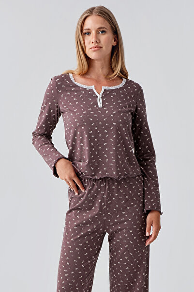 Artış Uzun Kollu Desenli Düğmeli Esnek Pamuklu Pijama Takım