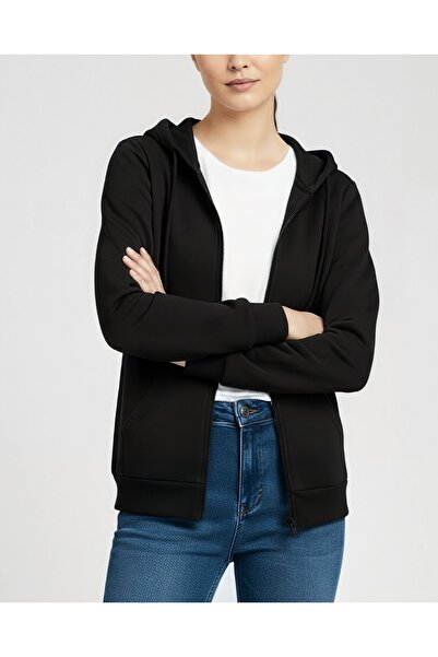 Modamorfo Hooded Combed Cotton Sweatshirt with Zipper Pocket - Black