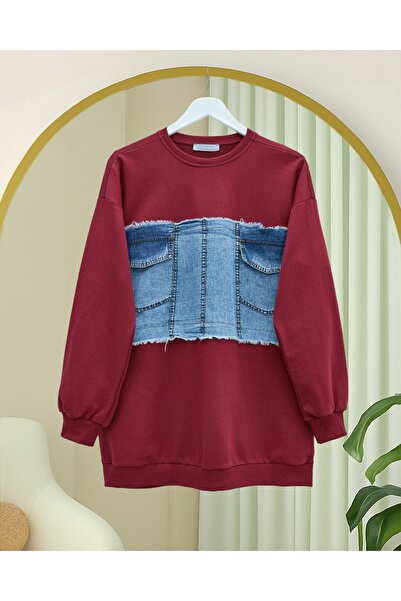 Modamorfo Round Neck Sweatshirt with Denim Pocket Detail on the Front - Burgundy