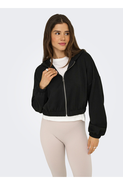 ONLY Hooded Collar Plain Black Women's Sweatshirt Onlscarlett Life Ls Zip Hood Swt No