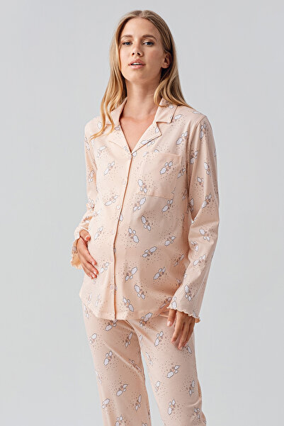 Artış Long Sleeve Patterned Buttoned Flexible Cotton Maternity Pajama Set
