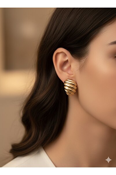 bettin tasarım Xuping Paslanmaz Desenli Bombeli Sarı Kadın Çelik Küpe