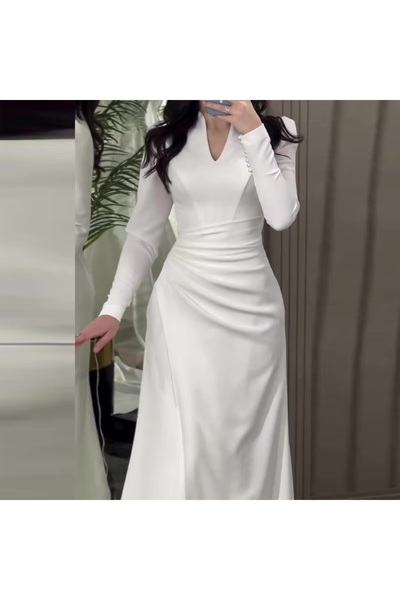 Mainland China Elegant White Evening Dress with Long Sleeves