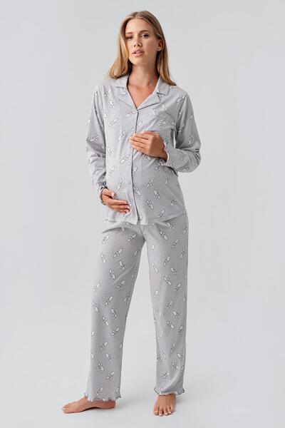 Artış Long Sleeve Patterned Buttoned Flexible Cotton Maternity Pajama Set