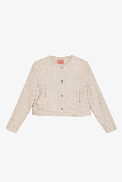 Quzu Στρογγυλό πέτο με κουμπιά Tweed Jacket Μπεζ