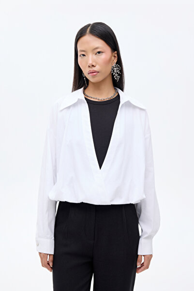Quzu Double-Breasted Collar Blouse with Athlete Garnish Inside, White
