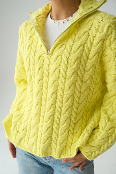 LOOSH Kadın Sarı Yakası Fermuarlı Örgü Desen Oversize Kazak