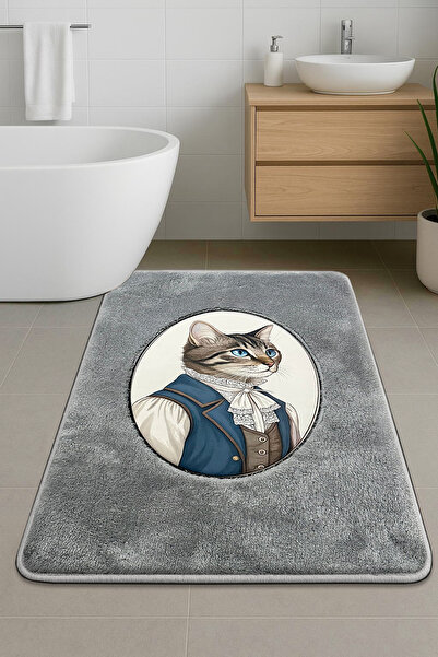 Chilai Home Modcat Gray Single Embroidered Bath Mat, Non-Slip Base 60X100Cm