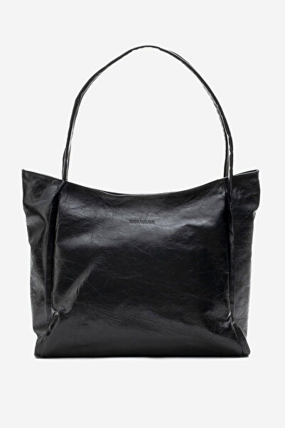 Dericlub Women's Nova Black Real Leather Double Handle Shopper Bag