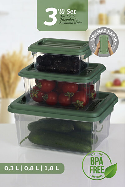 MOİ Set of 3 Multi-Purpose Storage Containers with Locking Lids - Refrigerator Organizer Storage Box 0.3-0.8-1.8 Lt