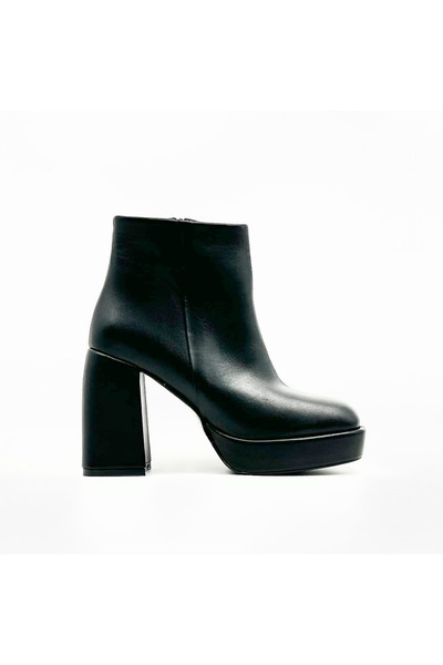 Folle Siyah Hakiki Deri Kalın Topuklu Platform Kadın Bot