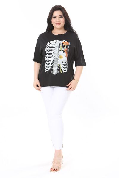 Şans Plus Size Black Printed Cotton Blouse - Short Sleeve 65N38009