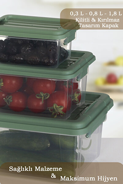 MOİ Set of 3 Multi-Purpose Storage Containers with Locking Lids - Refrigerator Organizer Storage Box 0.3-0.8-1.8 Lt