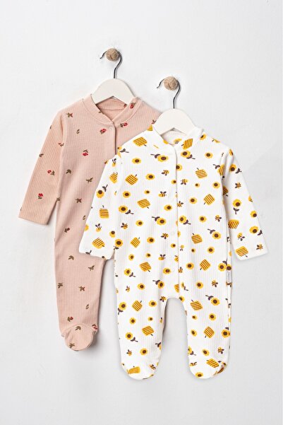 Nayinom Beige Baby Girl's Romper - Cotton, Bee Pattern, Snap Fastener, Double (Pack of 2)