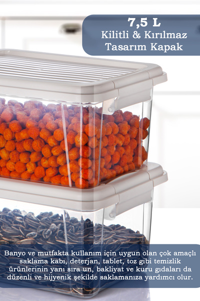 MOİ 2'li 7,5L Un Bakliyat Erzak Kabı Kilitli Kapaklı Banyo Düzenleyici Deterjanlık Saklama Kutusu 2x7,5L