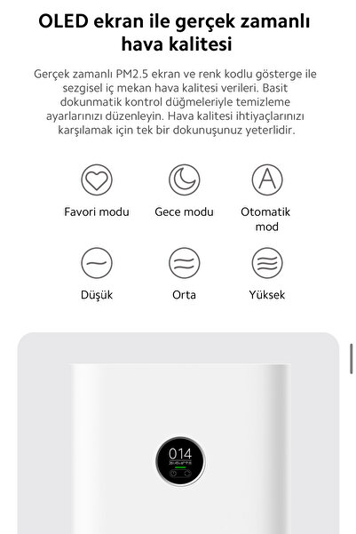 Xiaomi Hepa Filtreli, Oled Ekranlı 3 Ü 1 Arada Yüksek Kaliteli Akıllı Hava Temizleyici, 48m²