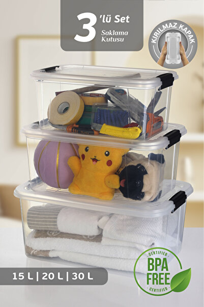 MOİ 3-Piece 15-20-30 L Multi-Purpose Storage Container Set - Lockable Lid Bathroom Kitchen Organizer Storage Box