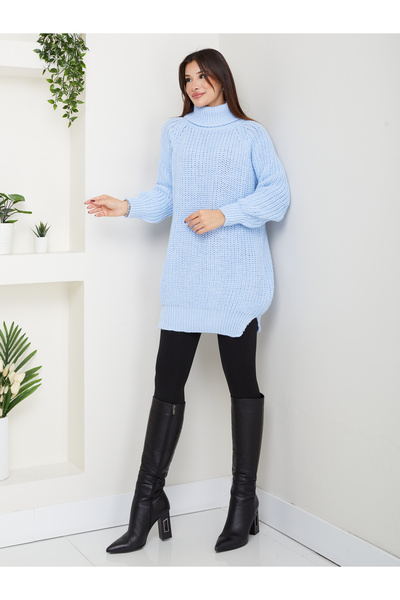 RACE FASHİON Turtleneck Slit Long Knit Sweater Rc8008