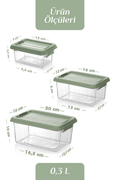 MOİ Set of 3 Multi-Purpose Storage Containers with Locking Lids - Refrigerator Organizer Storage Box 0.3-0.8-1.8 Lt