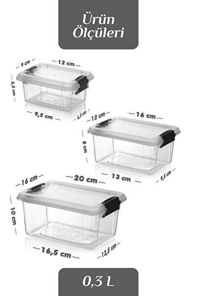 MOİ Set of 3 Multi-Purpose Storage Containers with Locking Lids - Refrigerator Organizer Storage Box 0.3-0.8-1.8 Lt