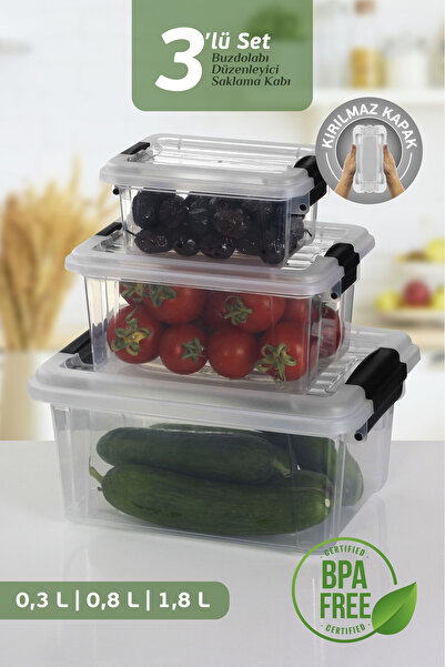 MOİ Set of 3 Multi-Purpose Storage Containers with Locking Lids - Refrigerator Organizer Storage Box 0.3-0.8-1.8 Lt