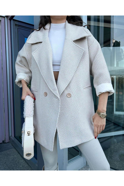 Modayıldızlar Kadın Lüx Kalite Kol Detaylı Çift Cepli Astarlı Kaşe Kaban p002957