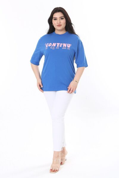 Şans Plus Size Women's Blouse - Saxe, Cotton, Front Print, Short Sleeve 65N38008