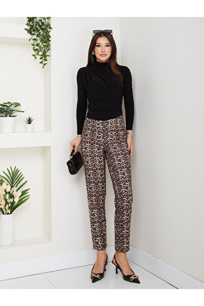 RACE FASHİON Leopar Desenli Fleto Cep Görünümlü Pens Detaylı Pantolon RC4002