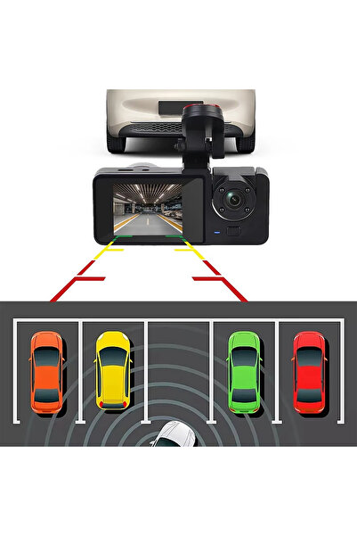 TECHNOM 1080P FHD WİFİ Gece Görüşlü Araç İçi Ekranlı Ön Arka 3 Kameralı Sürüş Kaydedici Araç İçi Kamera