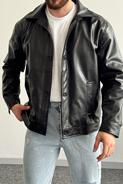Moderk Oversize Düğmeli Erkek Deri Ceket