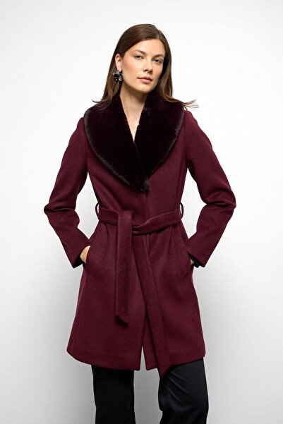 Olcay Shawl Collar Fur Waist Tied Coat Murdum 3093