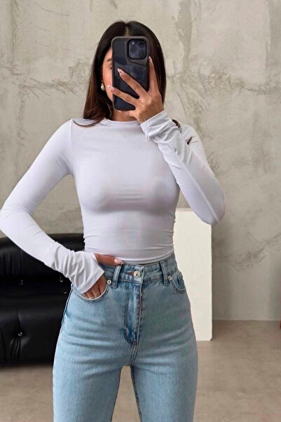 thesunfyre Γυναικεία βασική μπλούζα με μακρυμάνικο λαιμόκοψη με λεπτομέρεια από βαμβάκι