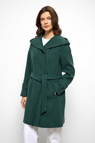 Olcay Hooded Punto Stitch Detailed Coat Green 3102
