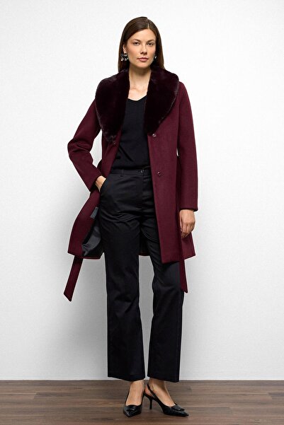 Olcay Shawl Collar Fur Waist Tied Coat Murdum 3093