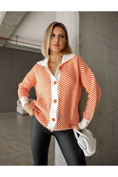 EsSo butik Women's Shirt Collar Striped Colorful Button Detailed Standard Size Oversize Knitwear Cardigan