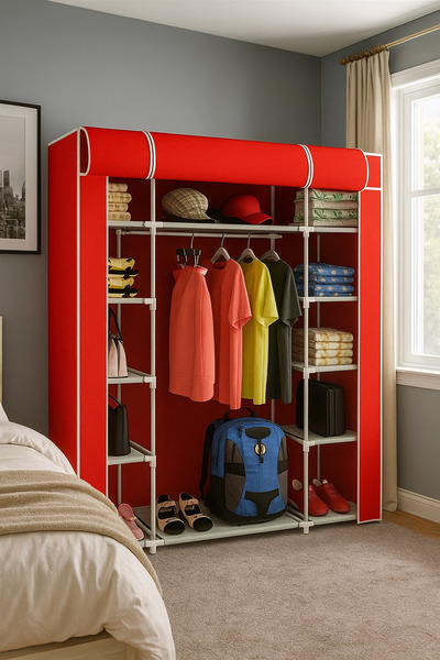 senmasy RED Color Cloth Cabinet Fabric Folding Wardrobe 160x45x130 cm