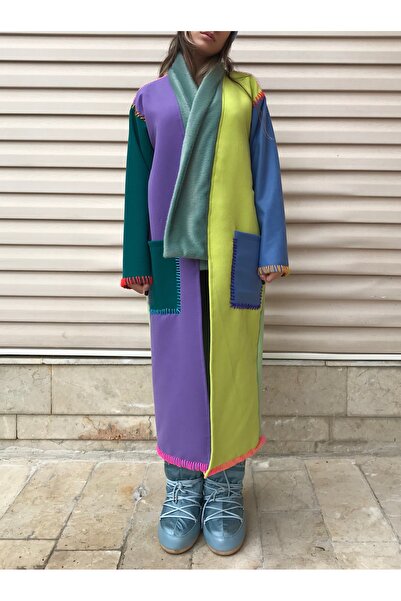 Hello Stranger Rrenkli Işlemeli Pardösü Patchwork Mor Yeşil Mavi Ceket Palto ...