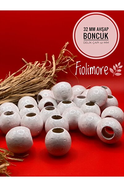 Fiolimore 32 ملم خرز خشبي أبيض (10 قطع) حقيبة مكرامية مستديرة تصميم فتحة واسع...